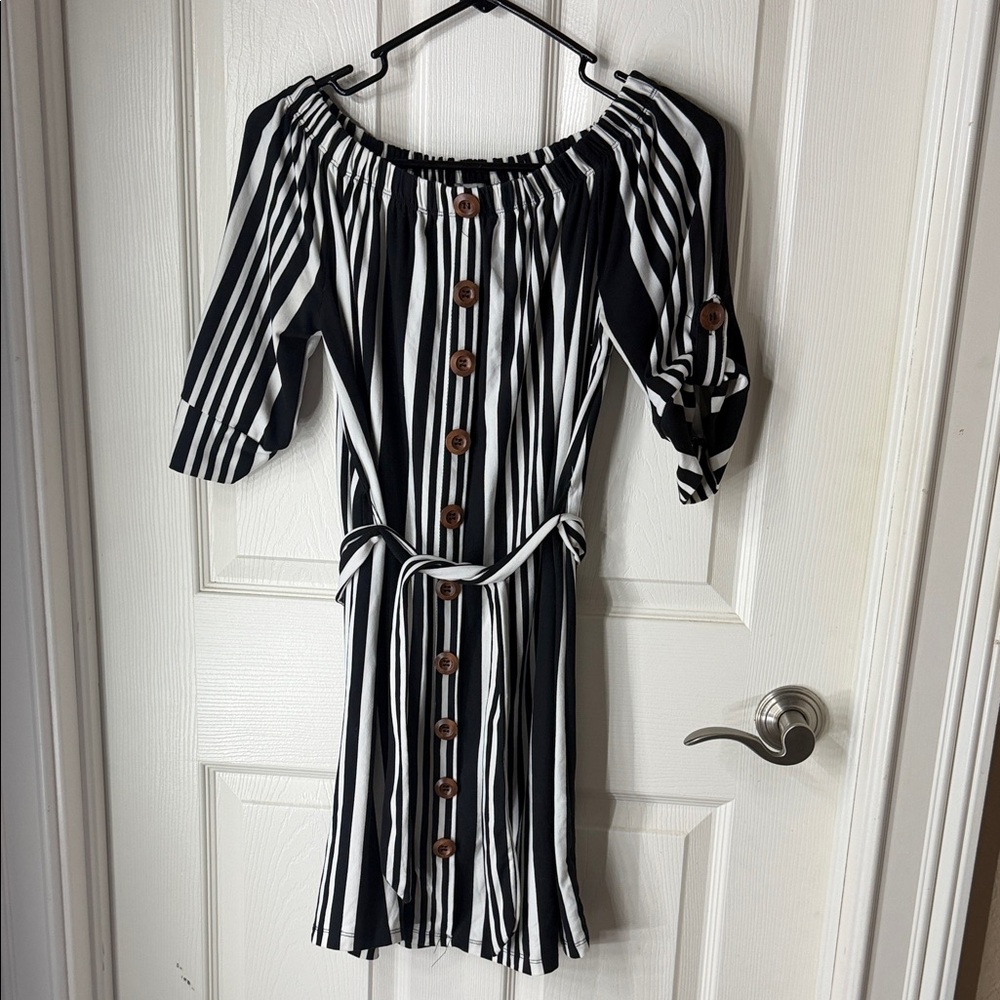 J for Justify Black & White Striped Off-Shoulder Midi Dress